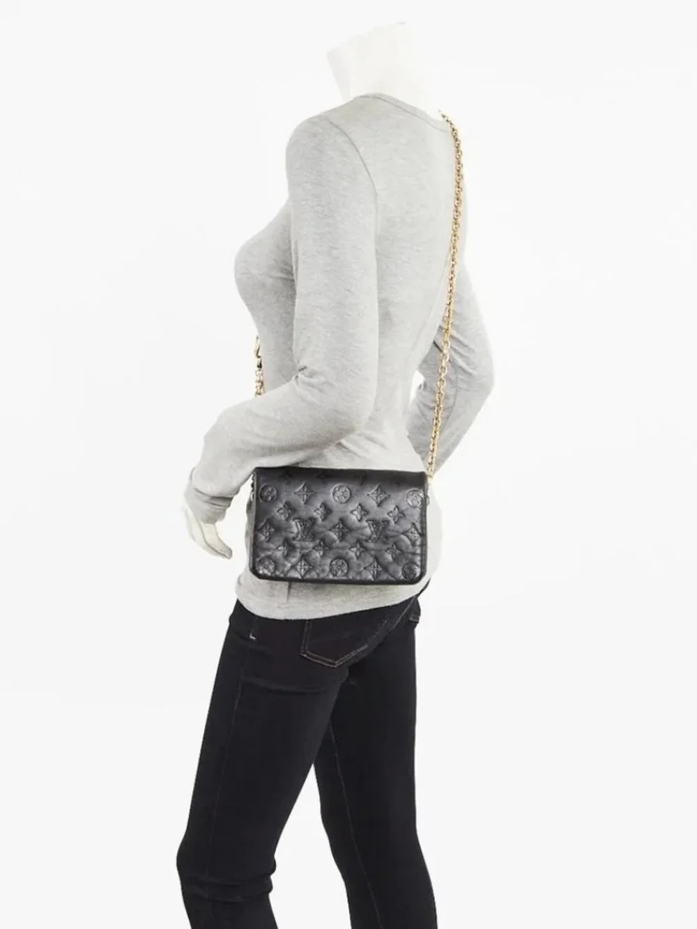 Louis Vuitton Black Monogram Embossed Lambskin Leather Coussin Pochette Bag